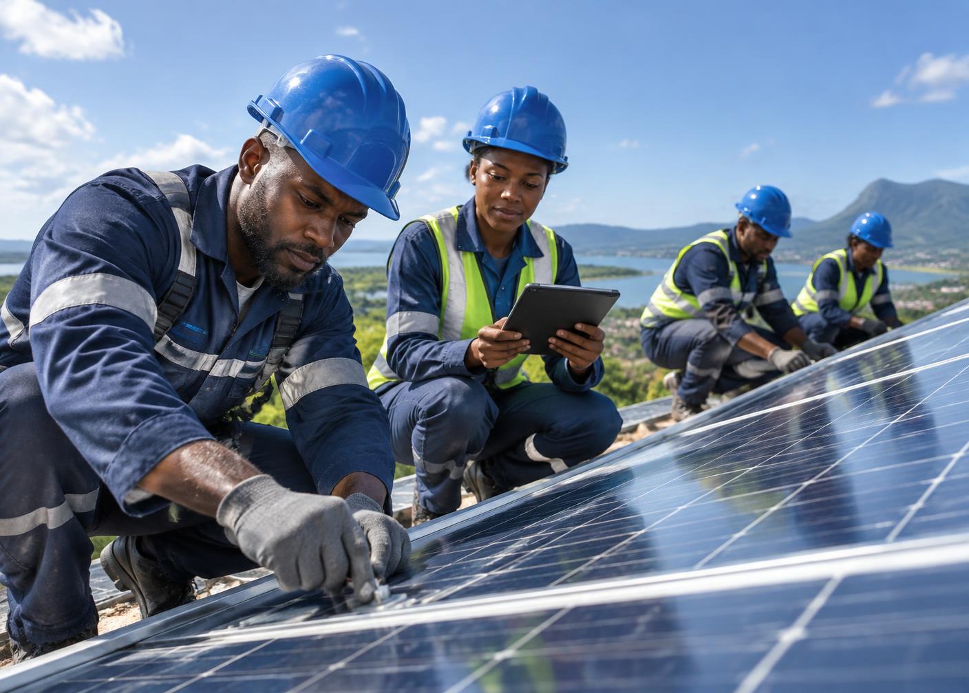 Équipe africaine installant des panneaux solaires